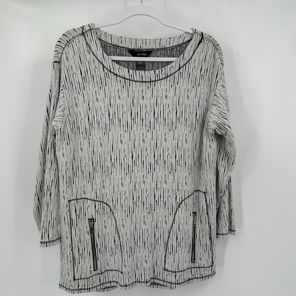 Ali Miles Womens Artsy Tunic Top Size L Abstract Minimalist Lagenlook Monochrome